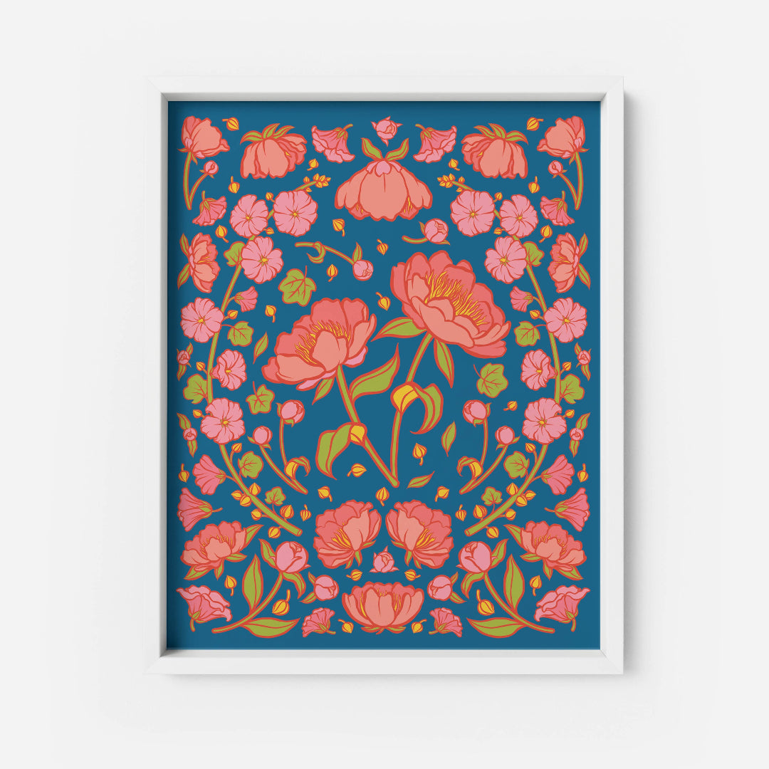 Floral patterned print with pink flowers on a blue background