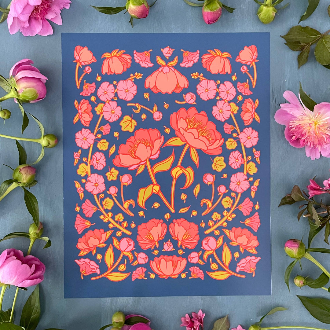 Peonies and Hollyhocks Folk Floral Art Print