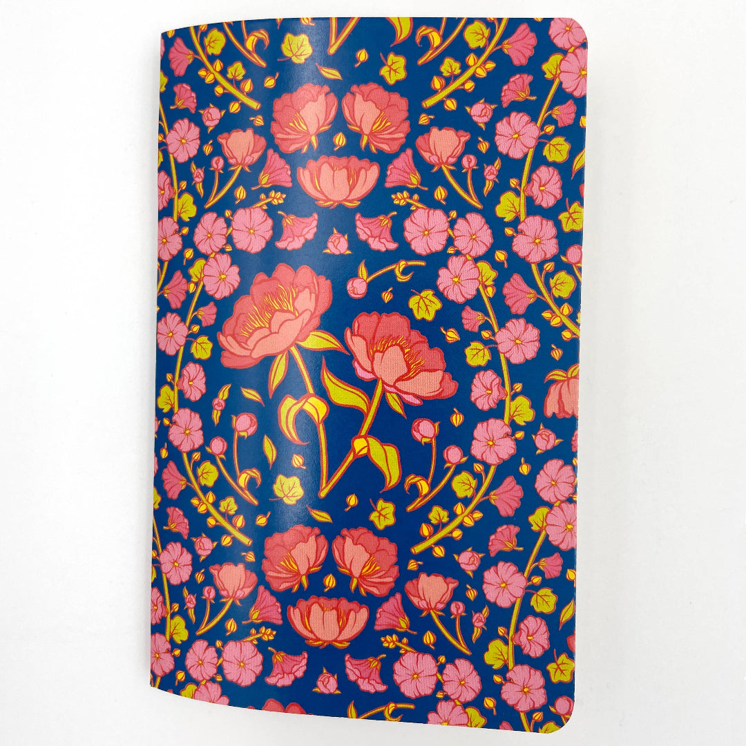 Floral notebook with pink flowers on a blue background