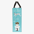 A reusable tote bag with a playful dog-themed design. The bag is a light blue color with black handles. It features a variety of dog breeds in different poses, including a bulldog, a poodle, a dachshund, and a husky. The text "People I want to meet: 1. Dogs" is printed on the bag in black.