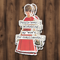 Sticker with a woman's illustration and text on a wooden background