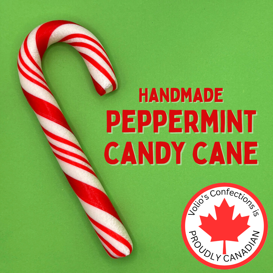 Handmade peppermint candy cane with red text and a Canadian flag logo on a green background
