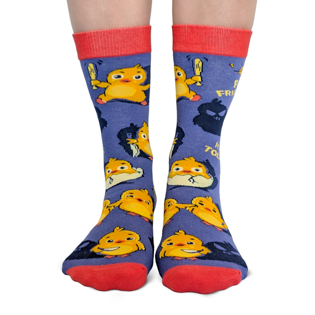 Socks with cartoon character design on a white background