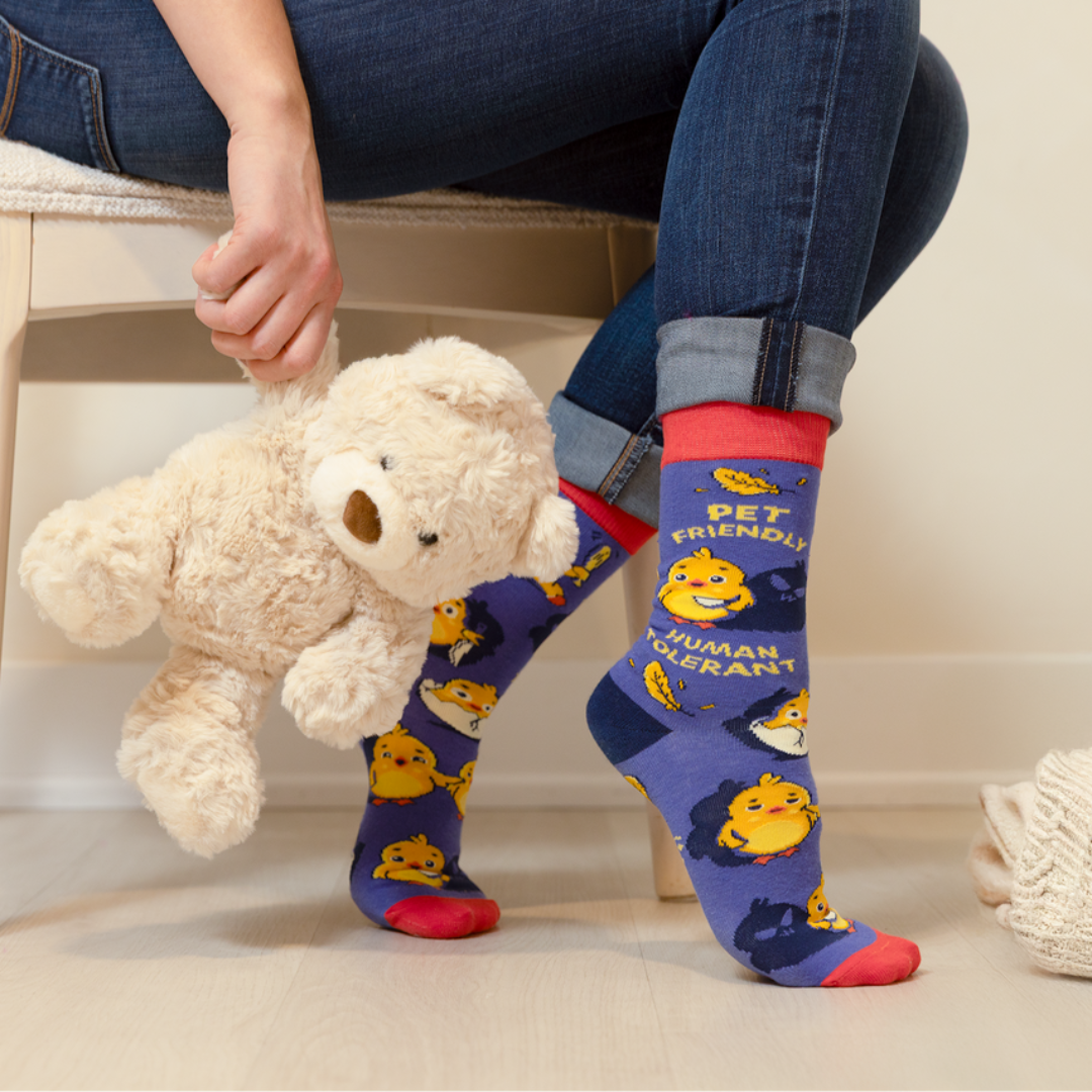 Person wearing socks with cartoon characters holding a teddy bear, sitting on a chair.