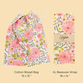 Cotton bread bag and XL beeswax wrap with floral design on a beige background