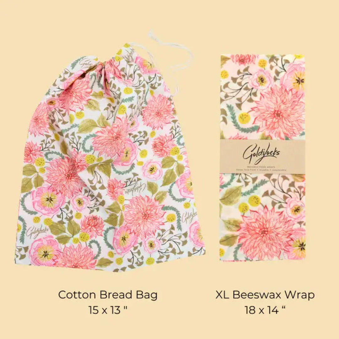 Cotton bread bag and XL beeswax wrap with floral design on a beige background