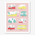 Illustrations of colorful vintage-style travel trailers on a pink background