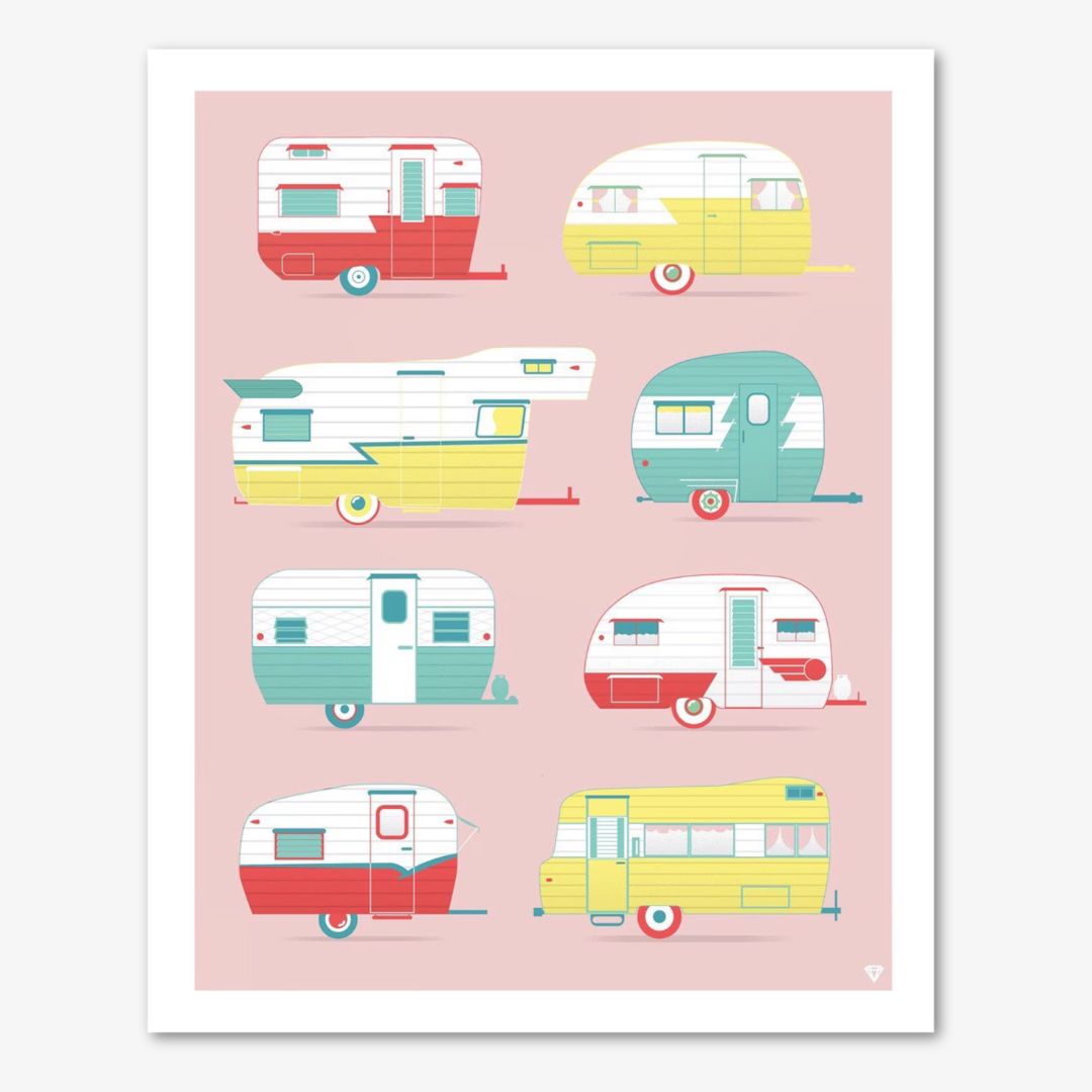 Illustrations of colorful vintage-style travel trailers on a pink background