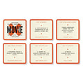 Set of six movie-themed coasters with humorous text on a white background