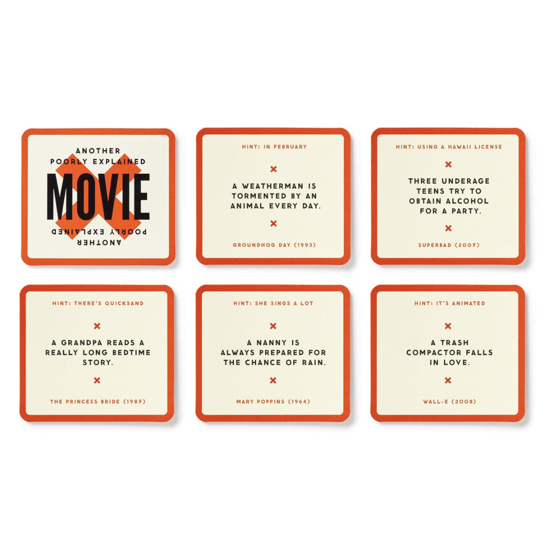 Set of six movie-themed coasters with humorous text on a white background