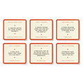Six rectangular card designs arranged in two rows on a white background. Each card has a warm cream face, orange border, and small orange X marks with black text underneath reading hints and movie titles.