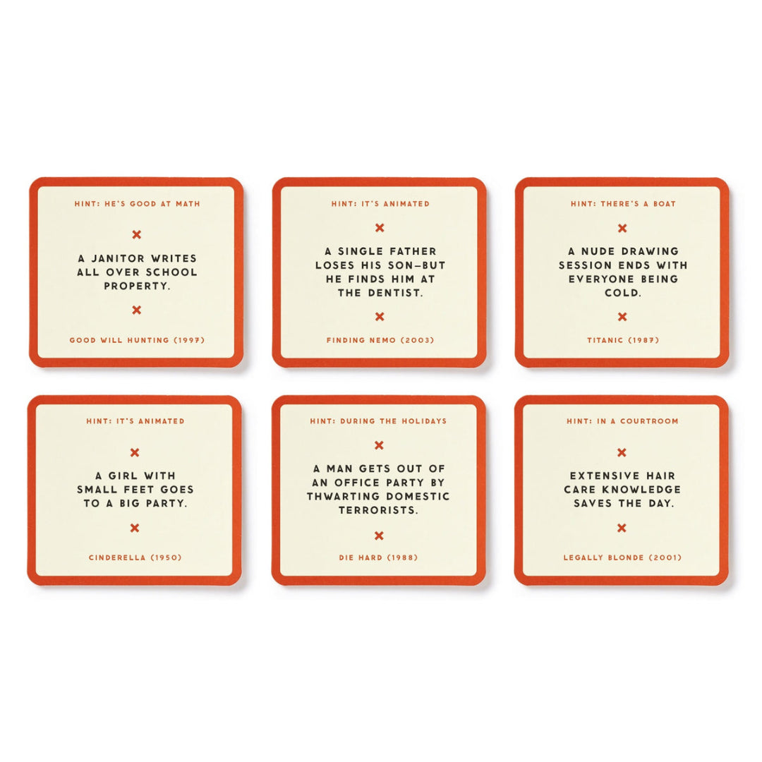 Six rectangular card designs arranged in two rows on a white background. Each card has a warm cream face, orange border, and small orange X marks with black text underneath reading hints and movie titles.