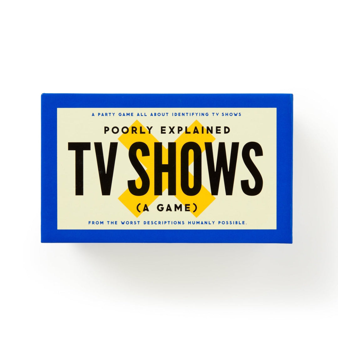 Game box for 'Poorly Explained TV Shows' with blue border and yellow center on a white background