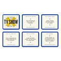 Set of six cards with TV show references on a white background