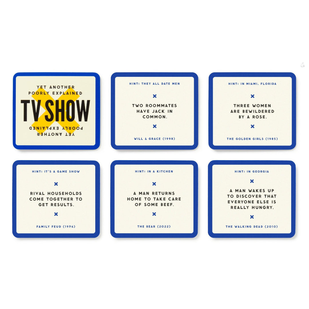 Set of six cards with TV show references on a white background