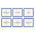 Set of six cards with text and blue borders on a white background