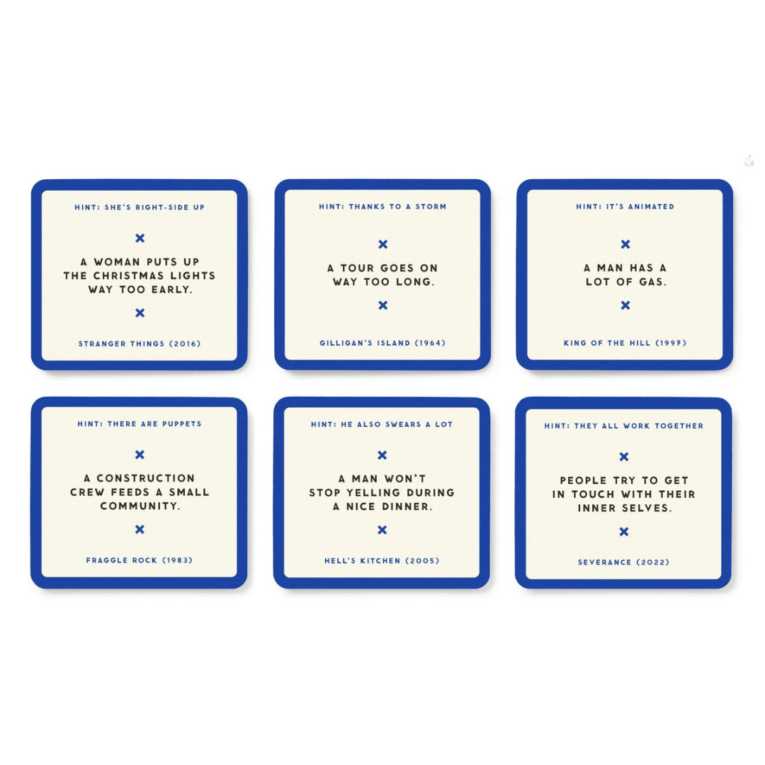 Set of six cards with text and blue borders on a white background