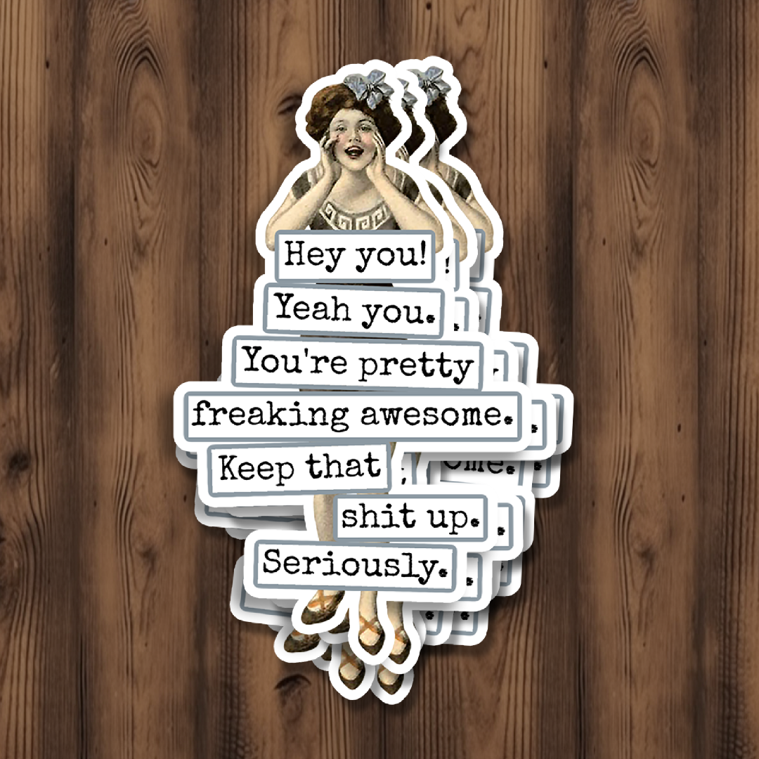 Sticker with text and illustration of a woman on a wooden background