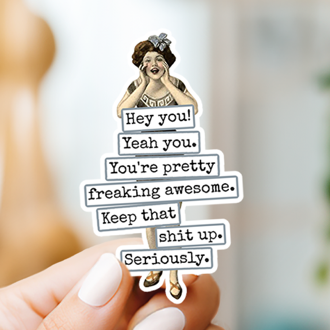 Sticker with text and illustration of a woman on a blurred background