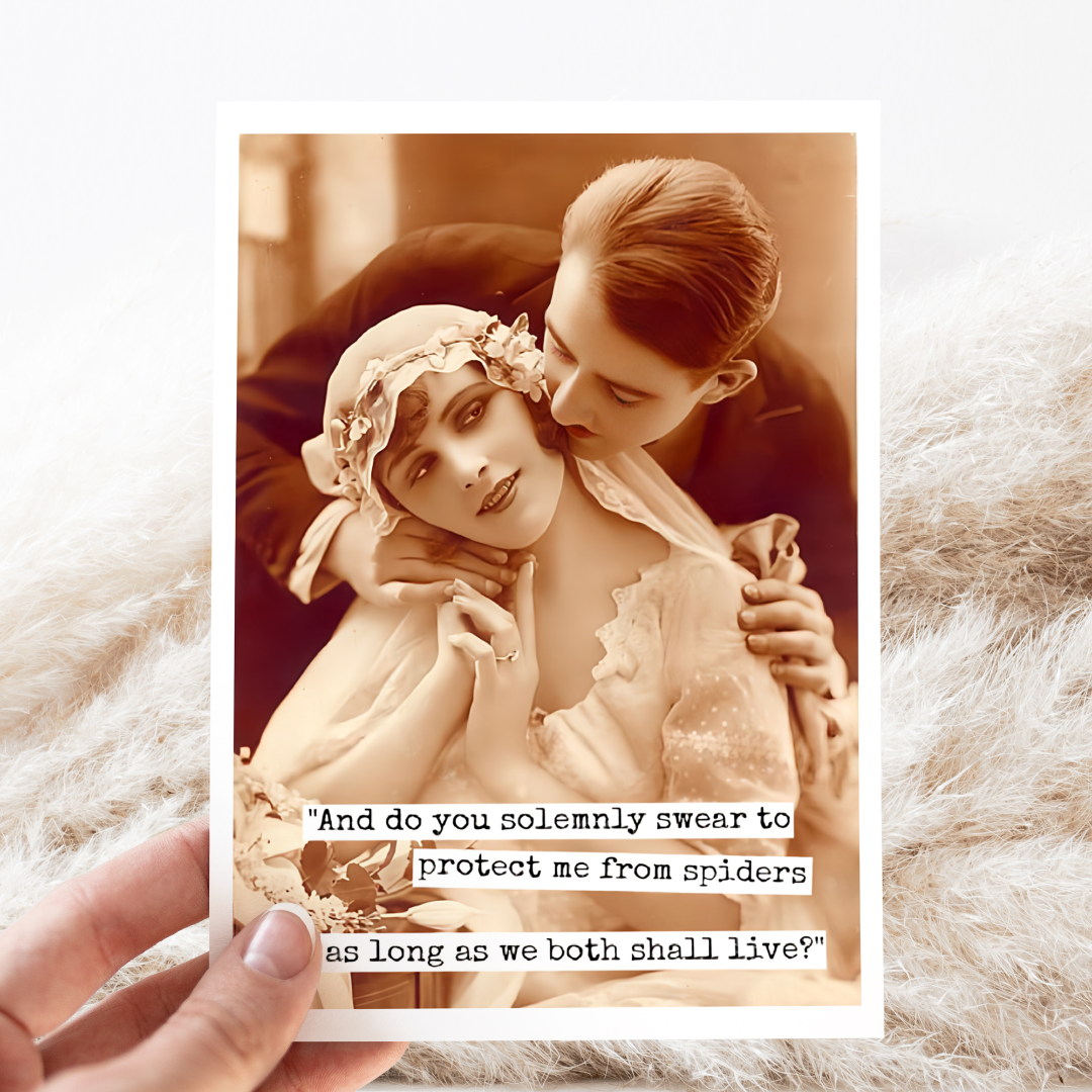 Vintage-style photo of a couple with a humorous text overlay on a textured surface.