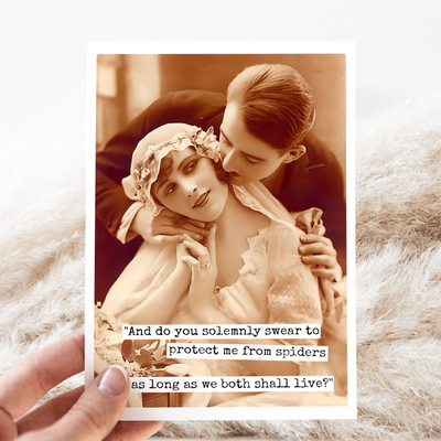 Vintage-style photo of a couple with a humorous text overlay on a textured surface.