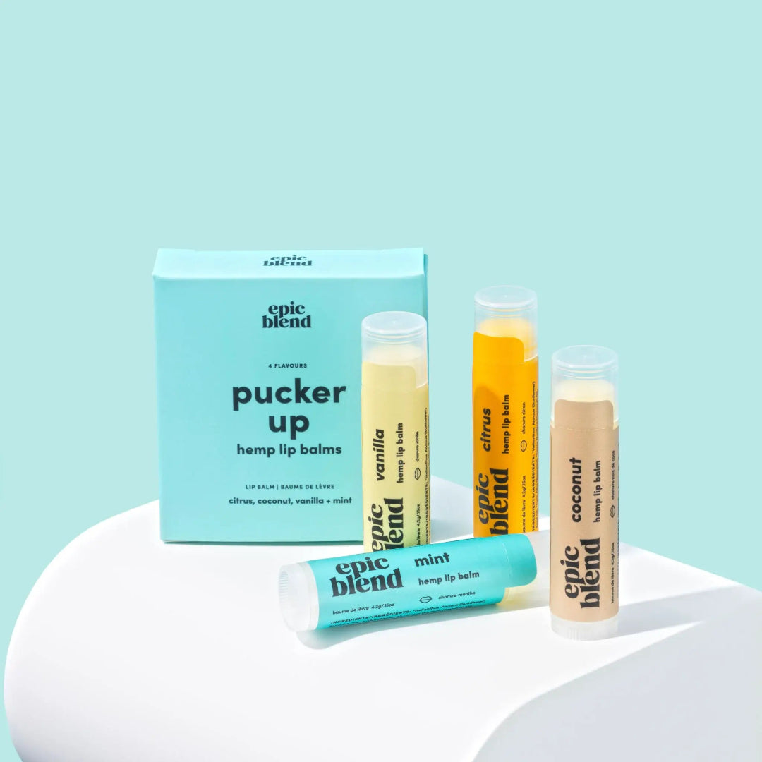 A 4-pack of Epic Blend "Pucker Up" hemp lip balms, featuring Mint, Vanilla, Coconut, and Citrus flavors, displayed next to their light blue packaging box.