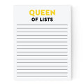 Notepad with 'Queen of Lists' text on a white background