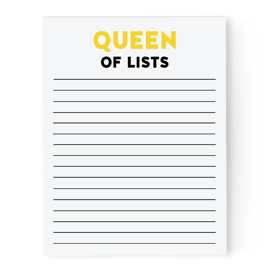Notepad with 'Queen of Lists' text on a white background