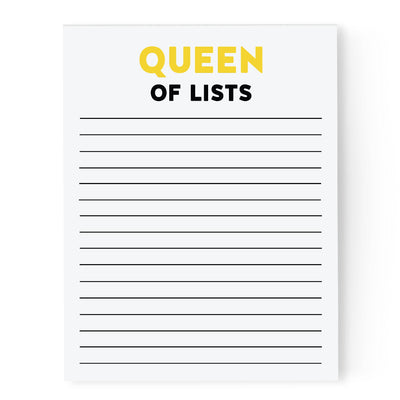 Notepad with 'Queen of Lists' text on a white background