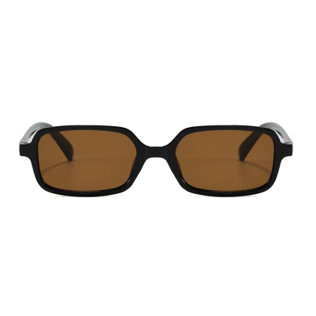 Sunglasses with black frame and brown lenses on a white background