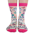 Colorful socks with raccoon designs and text on a white background