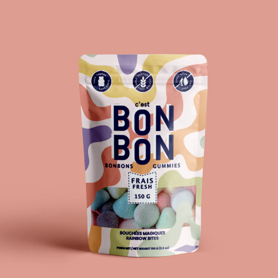 Packaging of C'est Bonbon Rainbow Bites Gummy Candies showing multicolored gummy candies and the text '150g'.