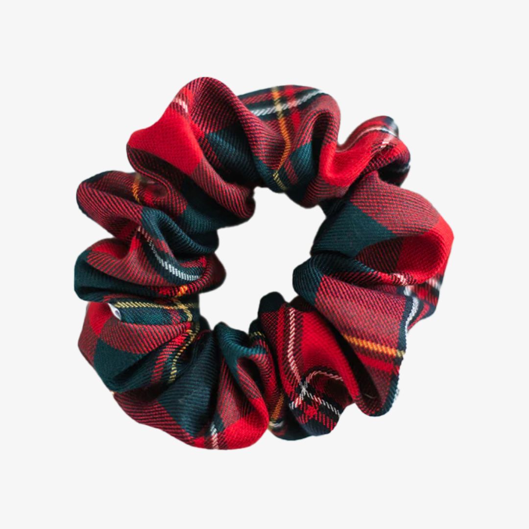 Plaid patterned scrunchie on a white background