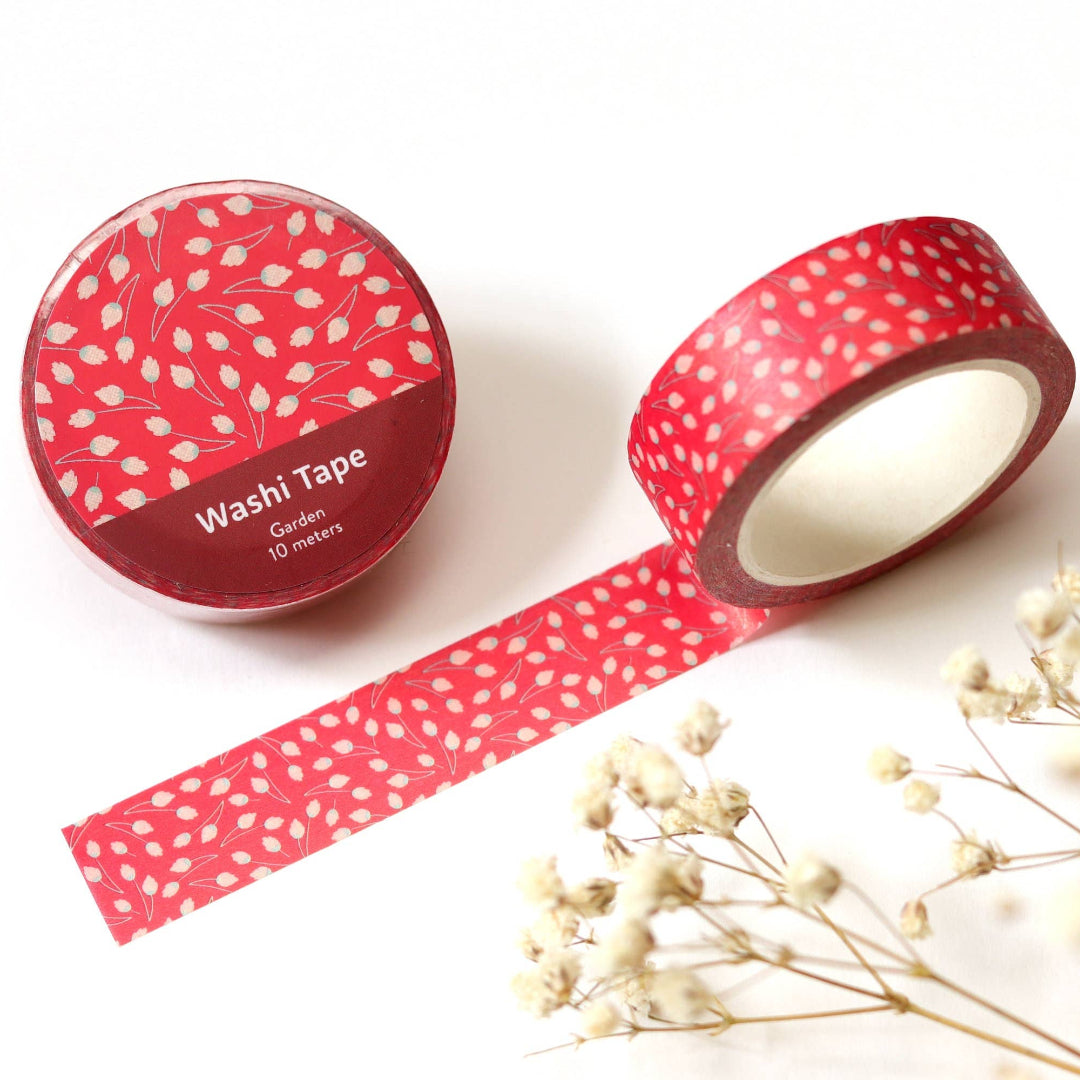 Red washi tape with white patterns on a white background