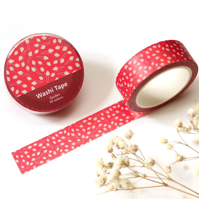 Red washi tape with white patterns on a white background
