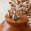 Silver hoop earrings on a wooden stand with dried flowers in the background