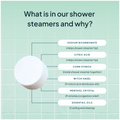 Shower steamer with a list of ingredients on a green tiled background