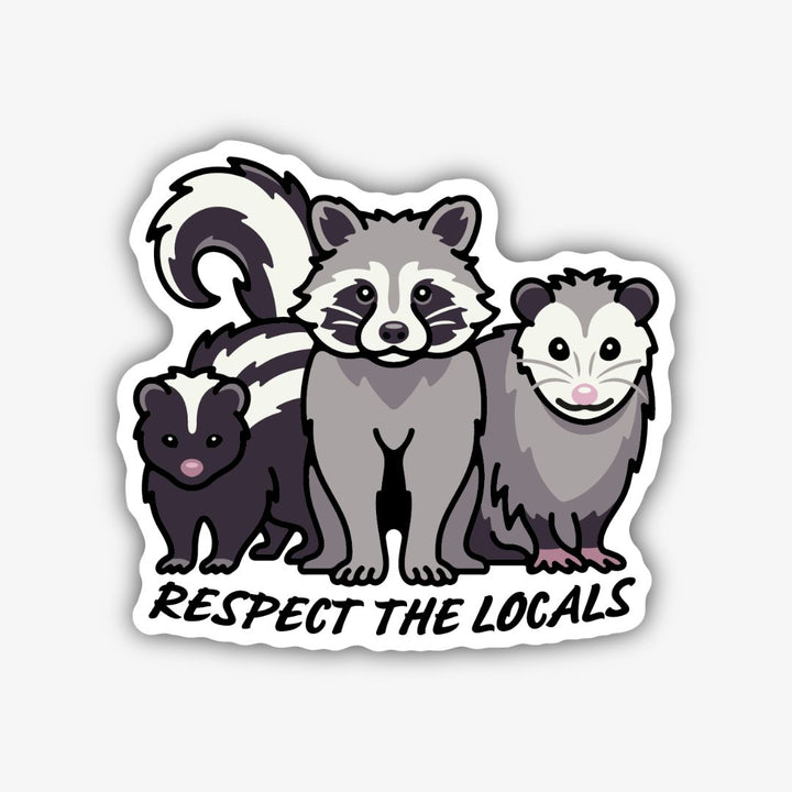 A whimsical sticker featuring three cartoon nocturnal animals: a small skunk, a larger raccoon in the center, and an opossum on the right. Below them, the text 