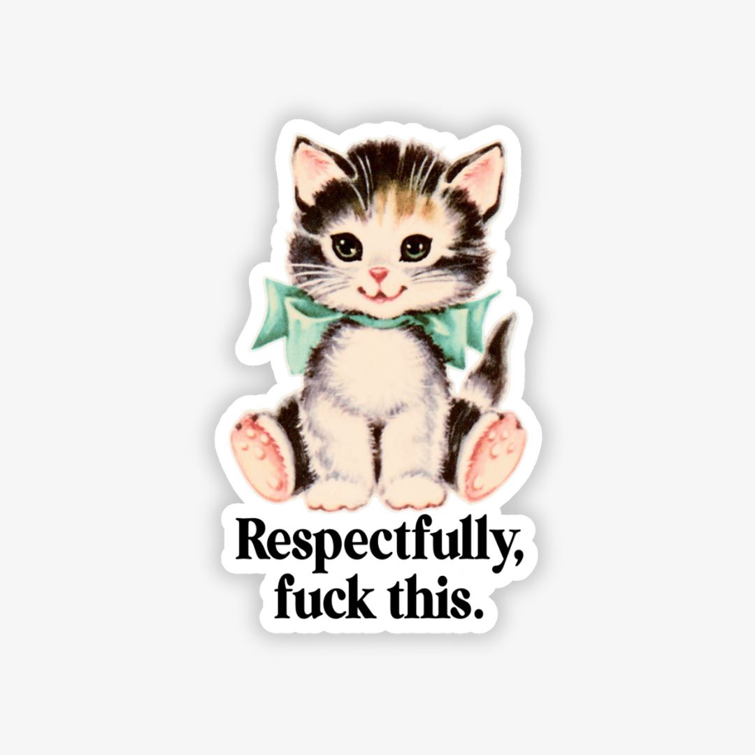 Sticker with a kitten wearing a bow tie and text on a white background