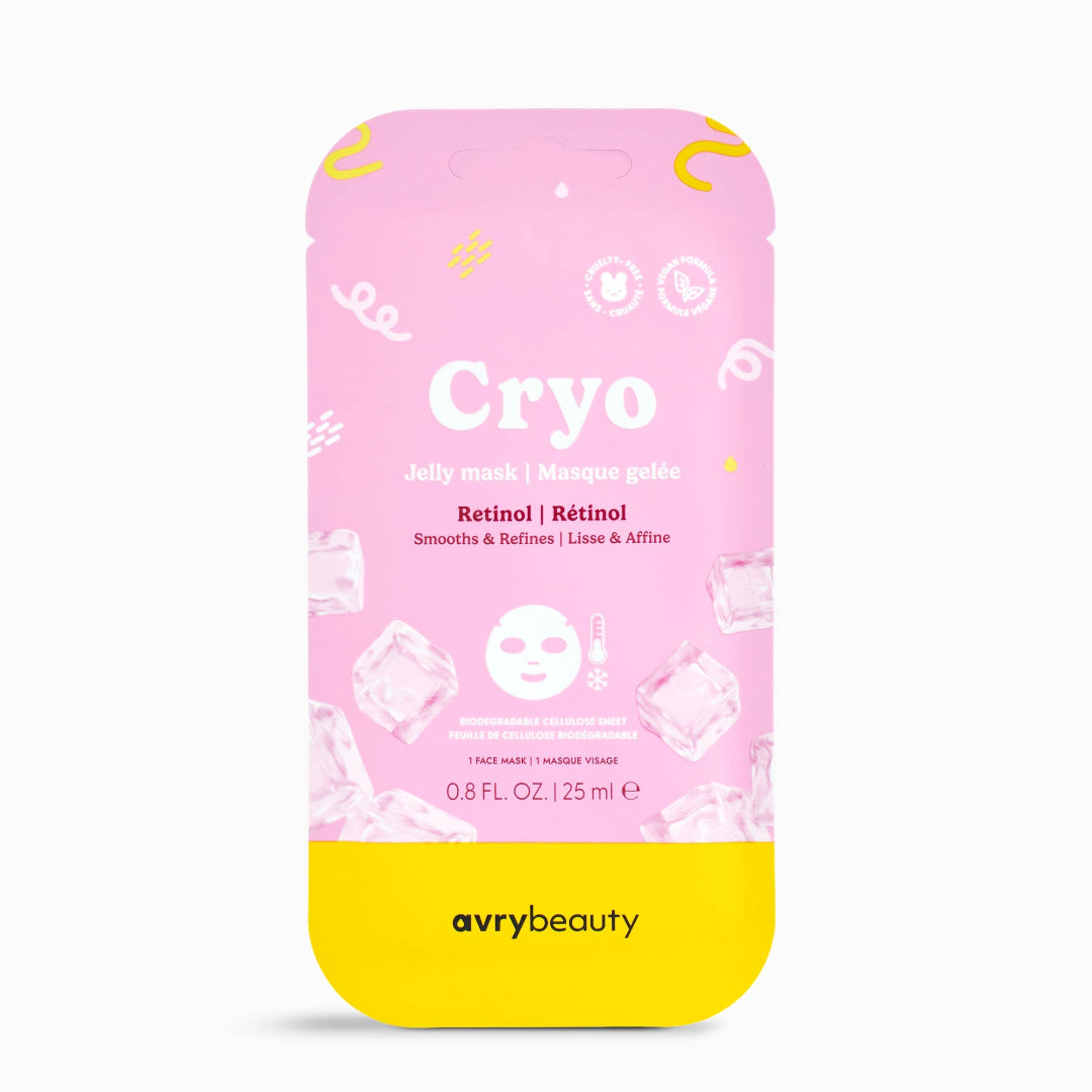Pink and yellow packaging of avrybeauty Cryo product on a white background