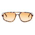 Sunglasses with tortoiseshell frame and orange lenses on a white background