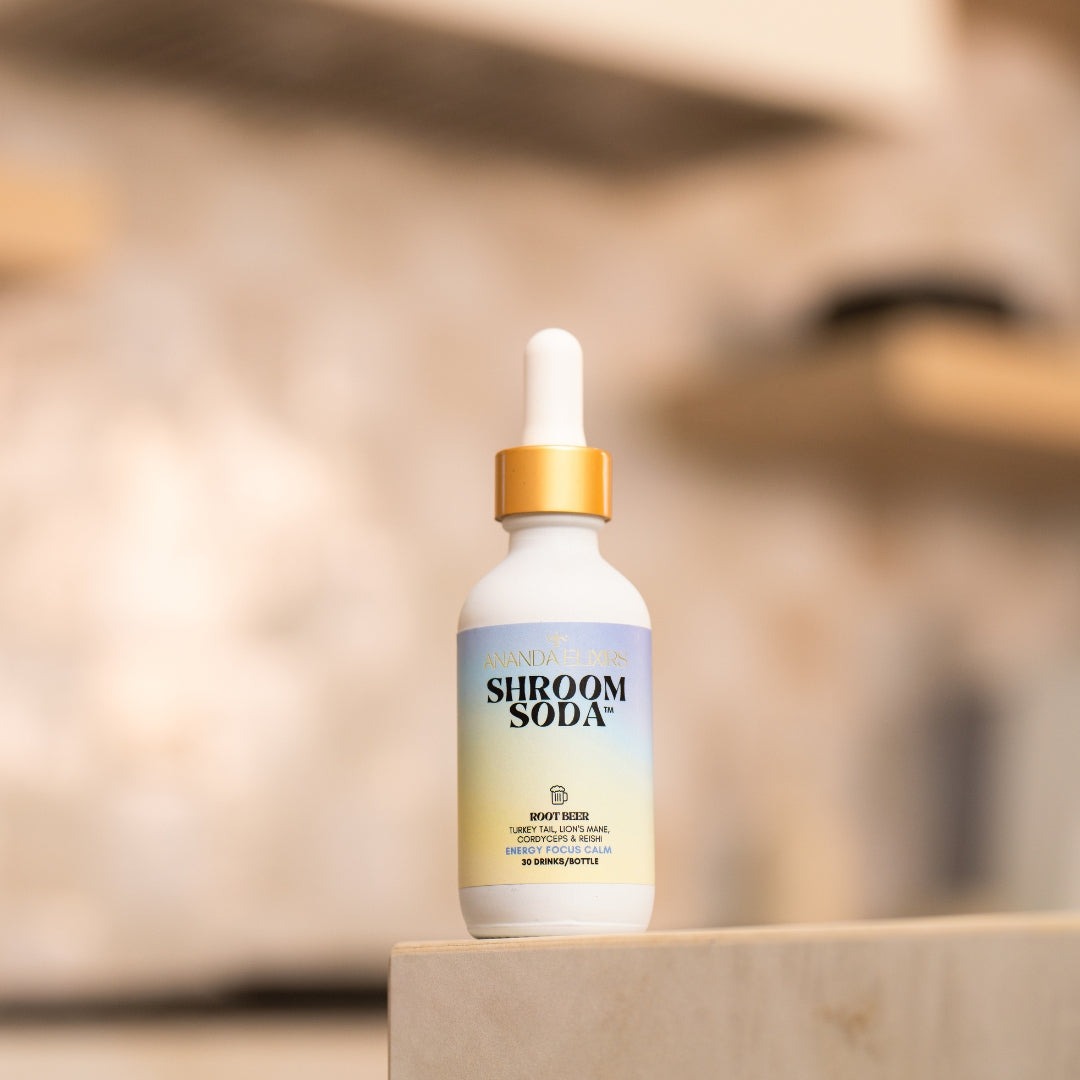 Shroom Soda bottle on a wooden surface with a blurred background