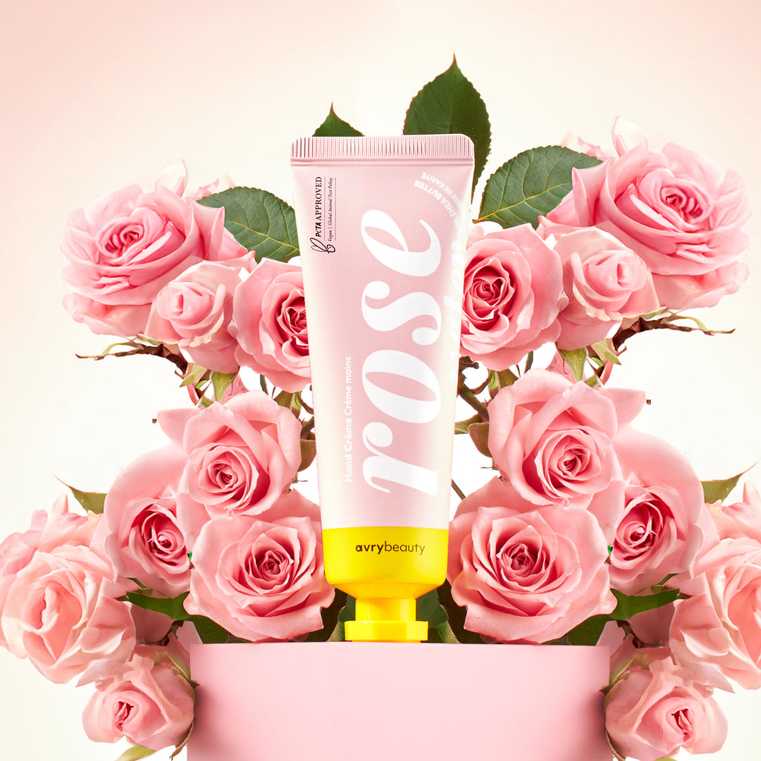 Skincare product with 'Rose' branding surrounded by pink roses on a light pink background