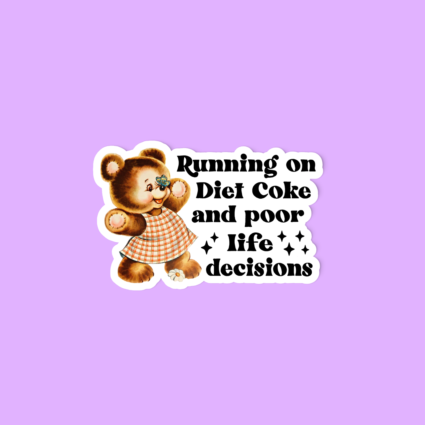 Cartoon bear holding a sign with text on a purple background
