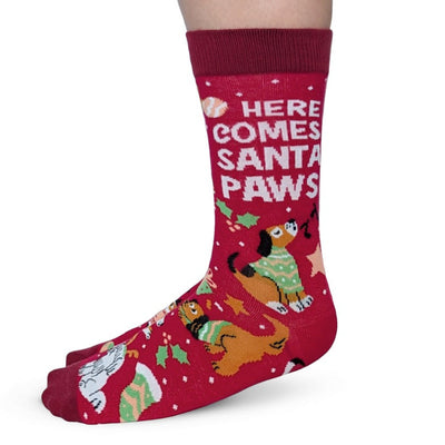 Red sock with 'Here Comes Santa Paws' text and dog illustrations on a white background