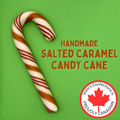 Handmade salted caramel candy cane with Volio's Confections branding on a green background