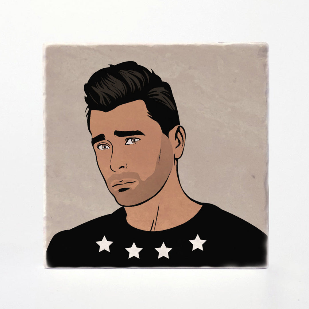 A square art print or coaster featuring a stylized illustrated portrait of a man with dark hair, wearing a black shirt with four white stars, set against a light beige background.