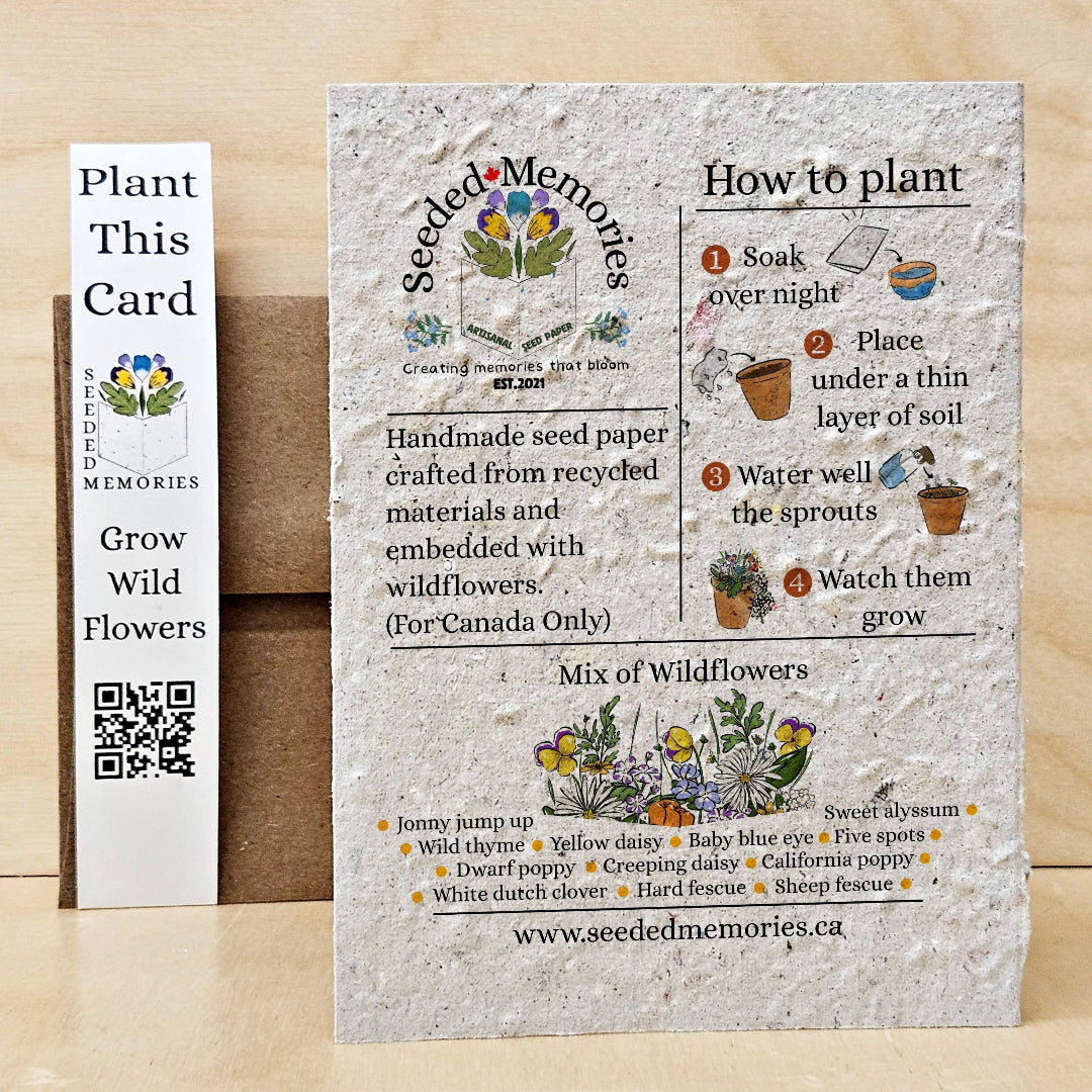 Seeded Memories plantable card with instructions on a wooden surface