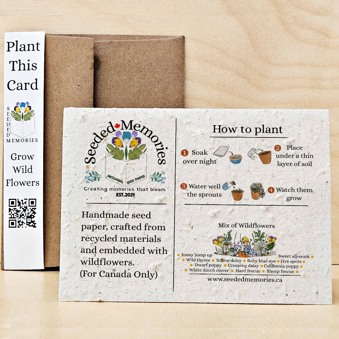 Seeded Memories plantable card with instructions on a wooden surface