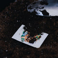 Small piece of paper with a colorful design lying on dark soil